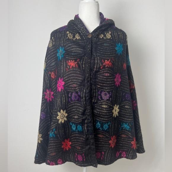 The Pyramid Collection Black Bright Floral Print Hooded Poncho Cape One Size - Picture 1 of 8